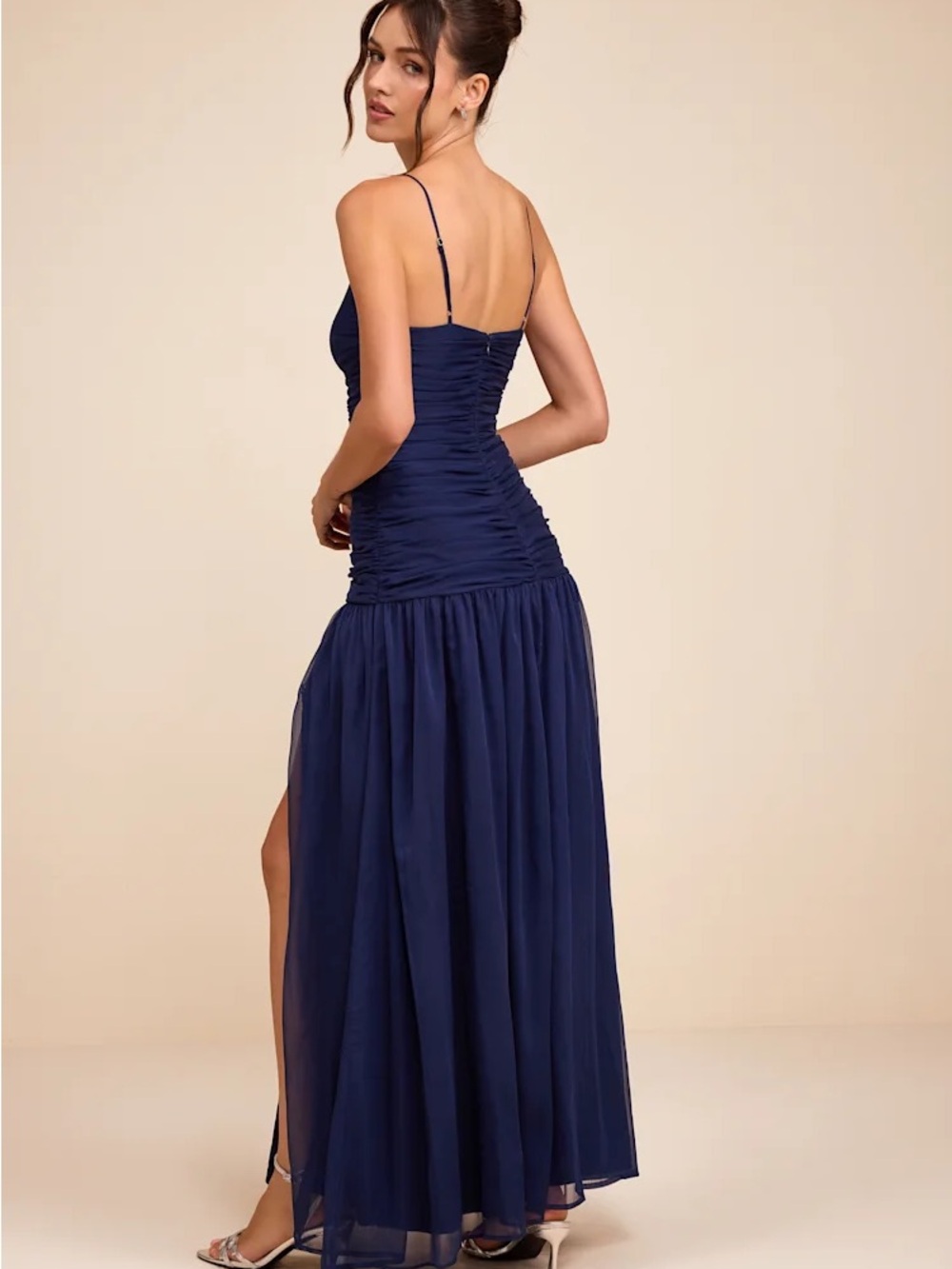 Lulu's Navy Ruched Spaghetti-Strap Maxi Gown - Picture 3 of 9